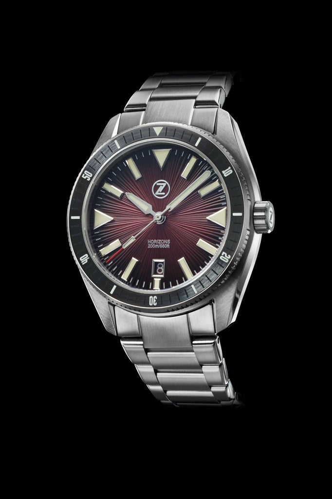 Zelos Horizons 43mm Burgundy SS Diver – Military Inc Store